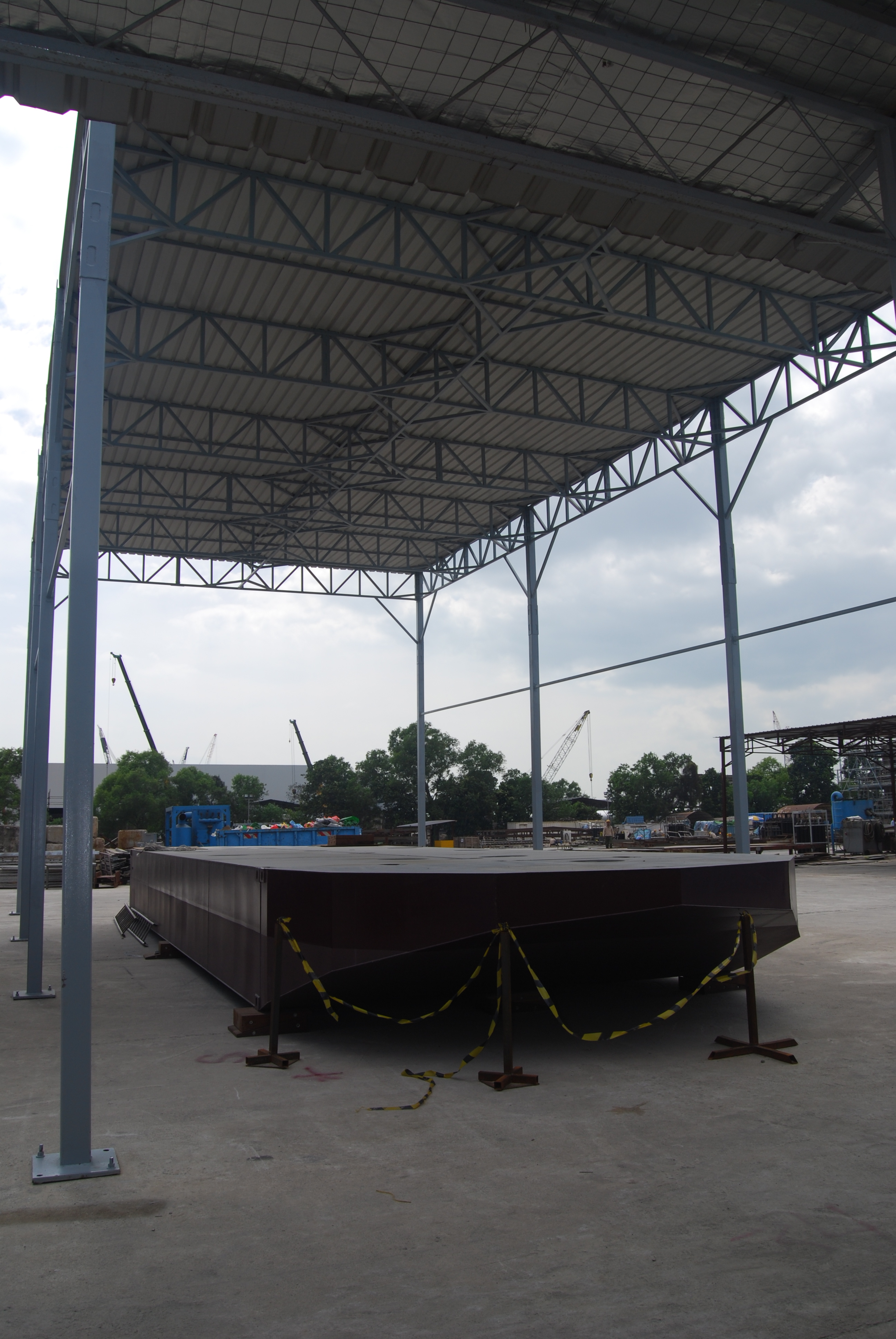 Fully assembled bare modular steel hull for the Nautilus 55 before the accommodation structure was installed
