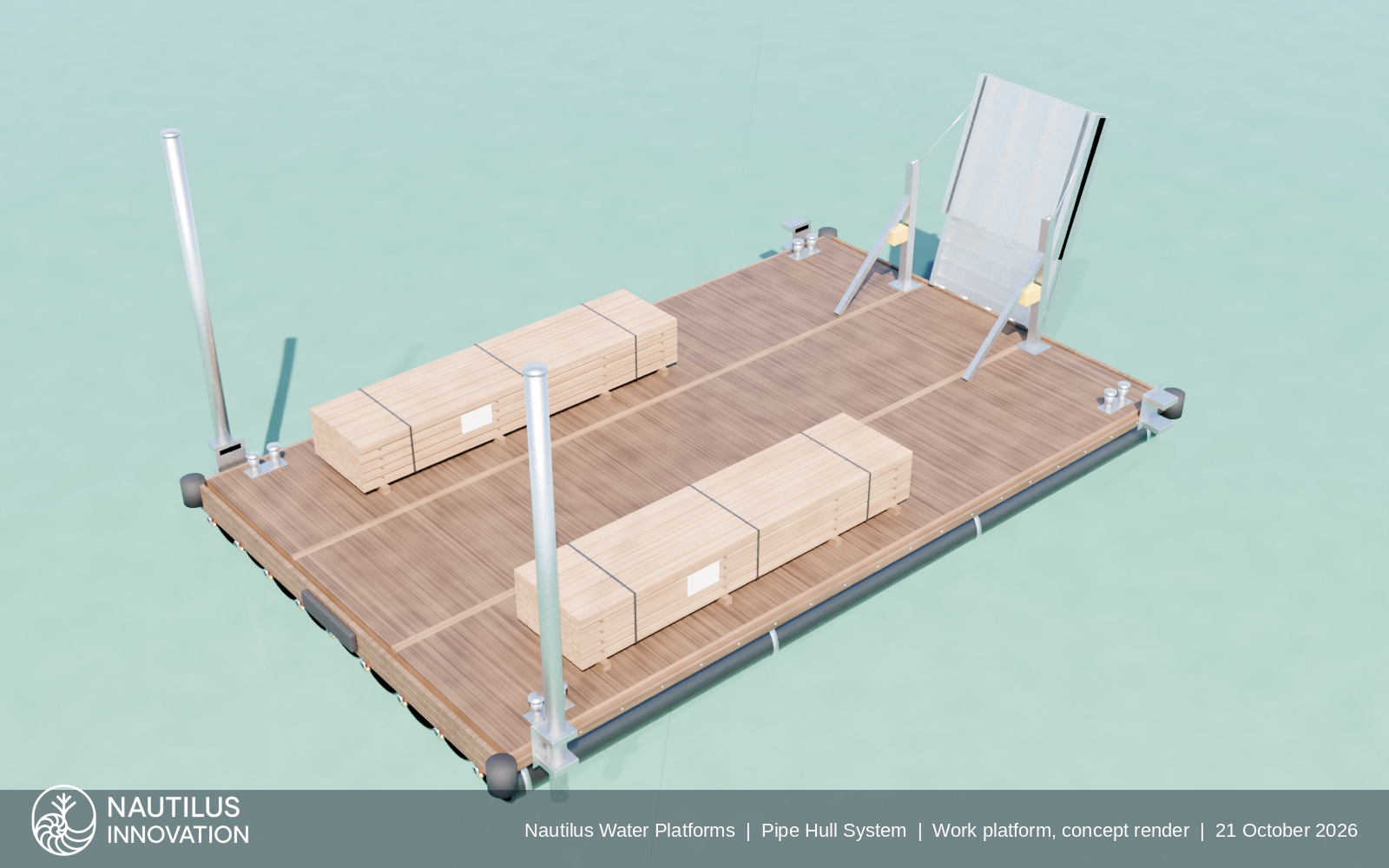 Aerial view of a modular floating construction work platform with ramp and stabilising spuds