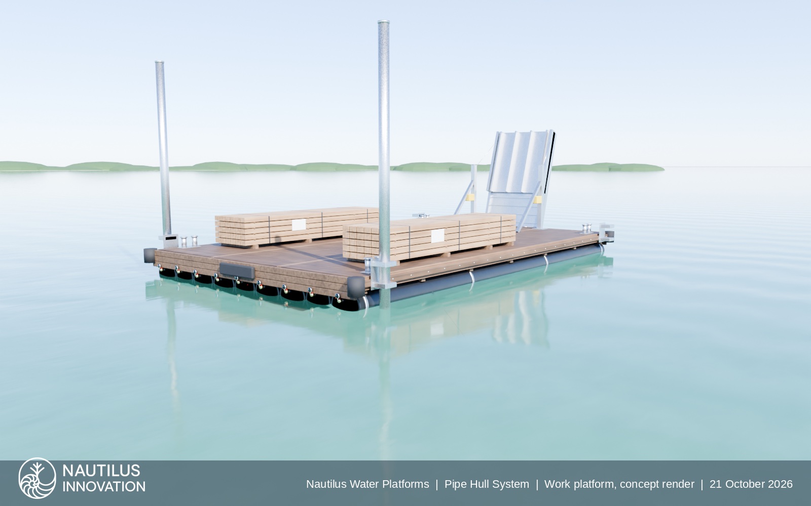 Modular floating work platform with PE100 pipe hull carrying construction materials