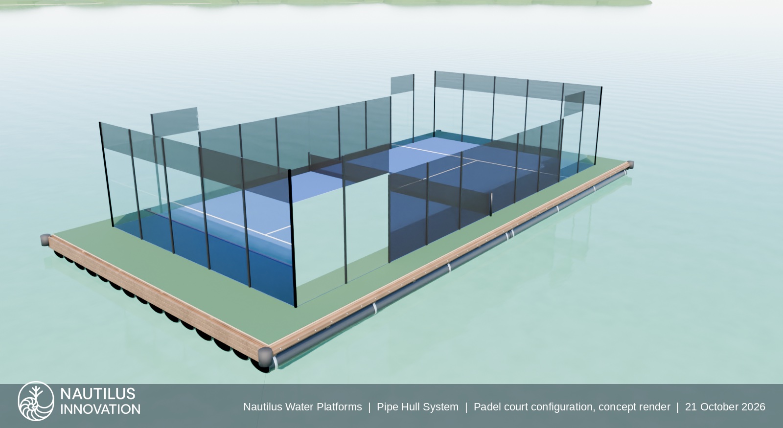 Concept render of a floating padel court built on the Nautilus PE100 pipe-hull platform