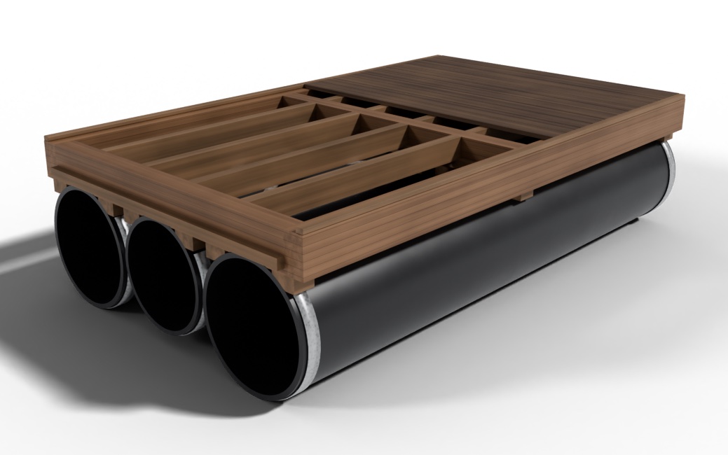 Section model showing three sealed PE100 pipes beneath the hardwood frame