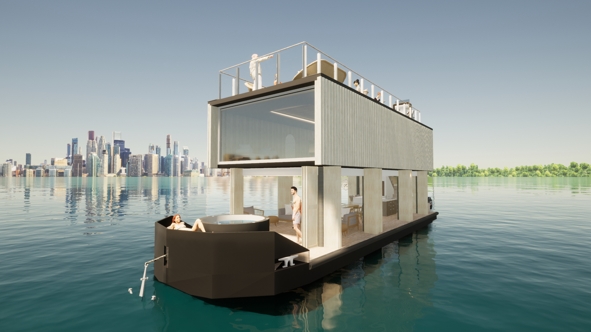 Original 2021 Nautilus Water Suites bow-quarter render showing the marine-steel hull