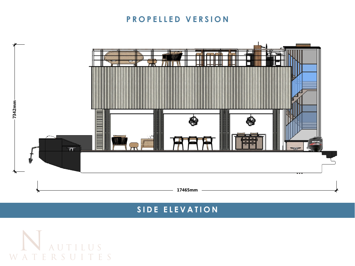Original 2021 Nautilus Water Suites propelled-version side elevation showing a 17.465 metre overall length