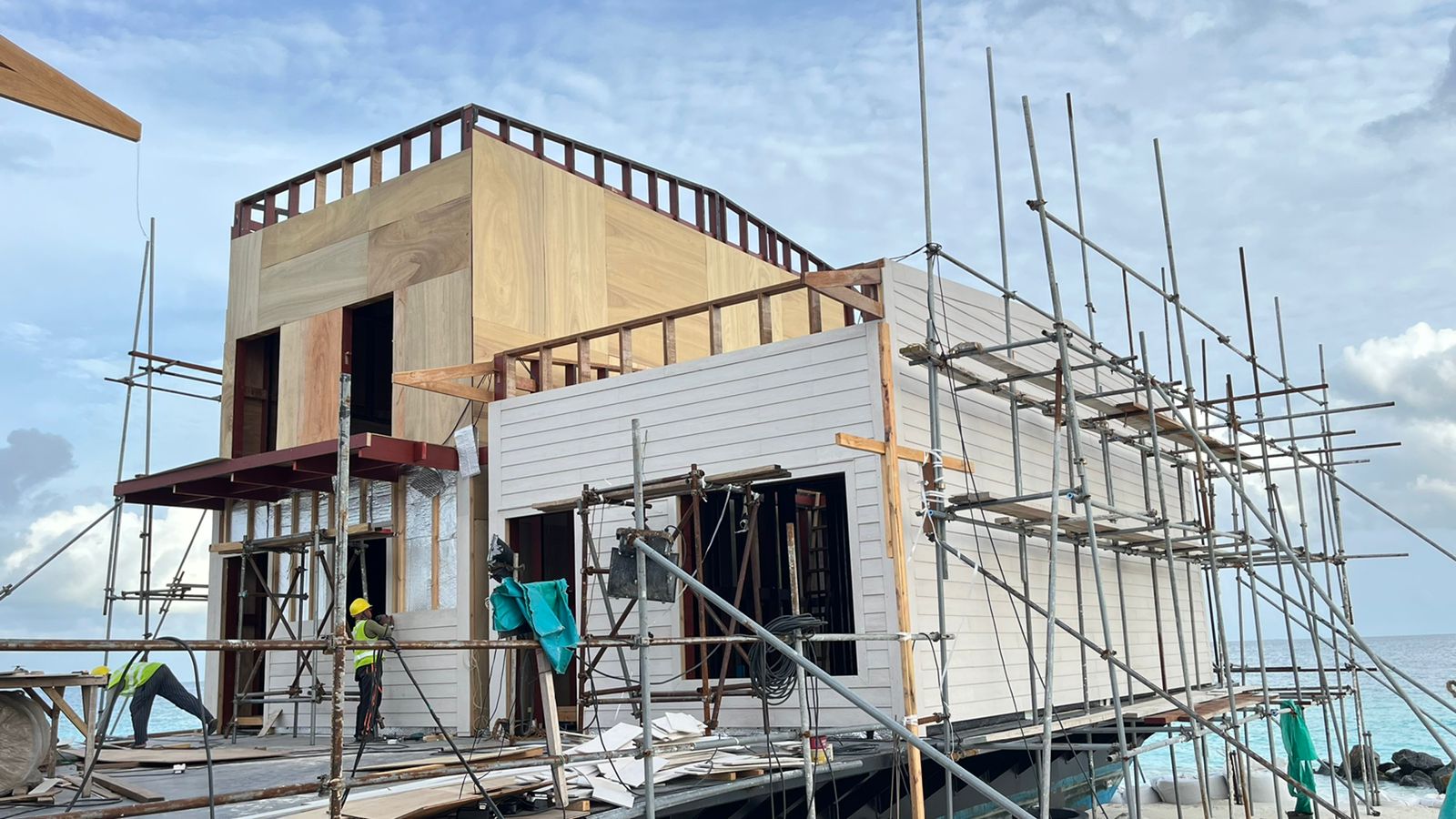 Two-storey Water Suite under construction on the original Steel Solution v1.0 hull in the Maldives