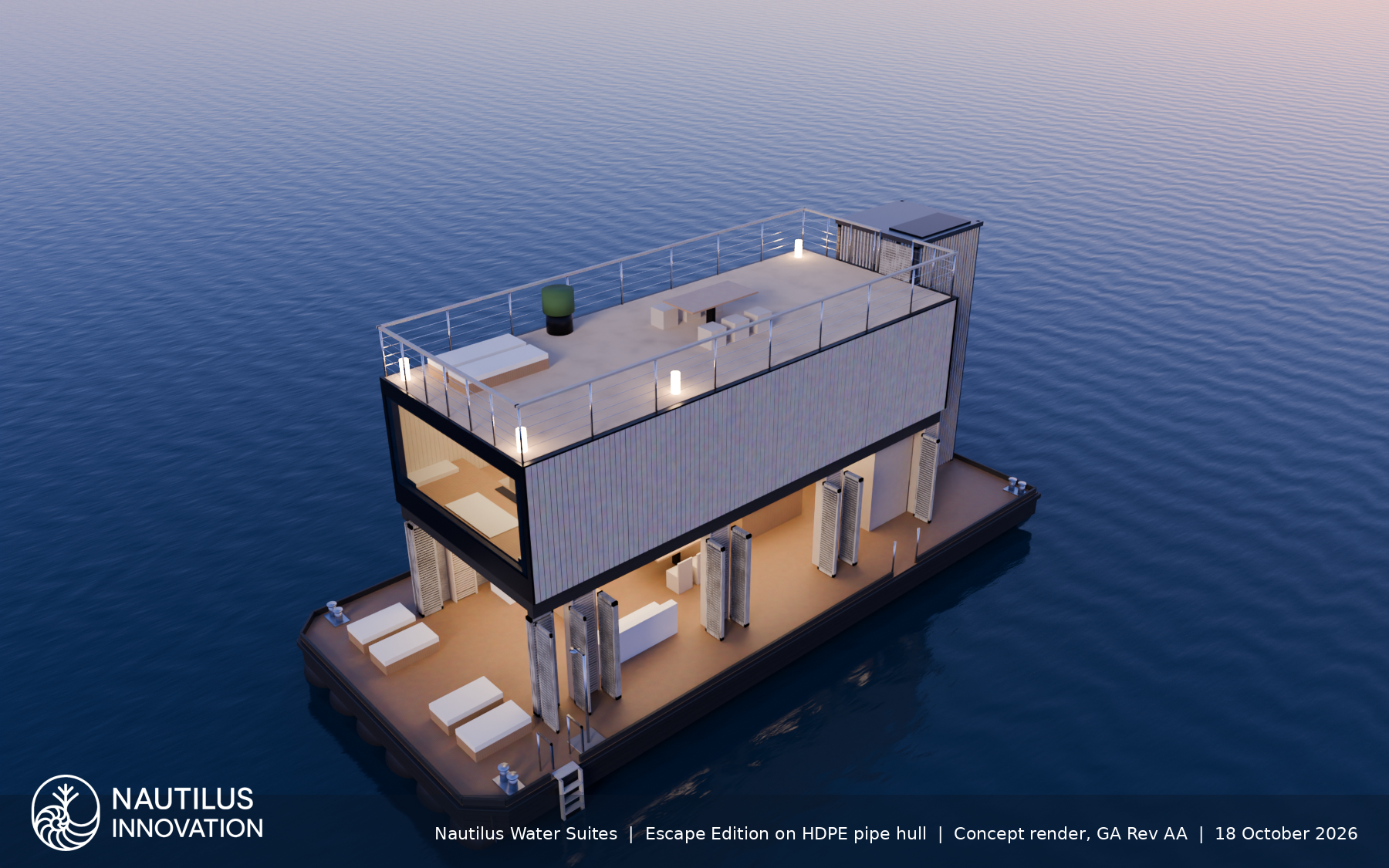 Original aerial render of the Escape Edition roof terrace and pipe hull