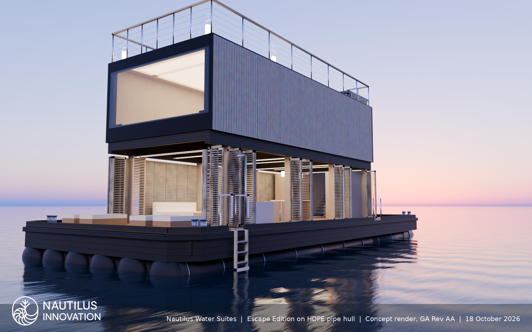Original high-resolution bow-quarter hull render of the Nautilus Escape Edition Water Suite