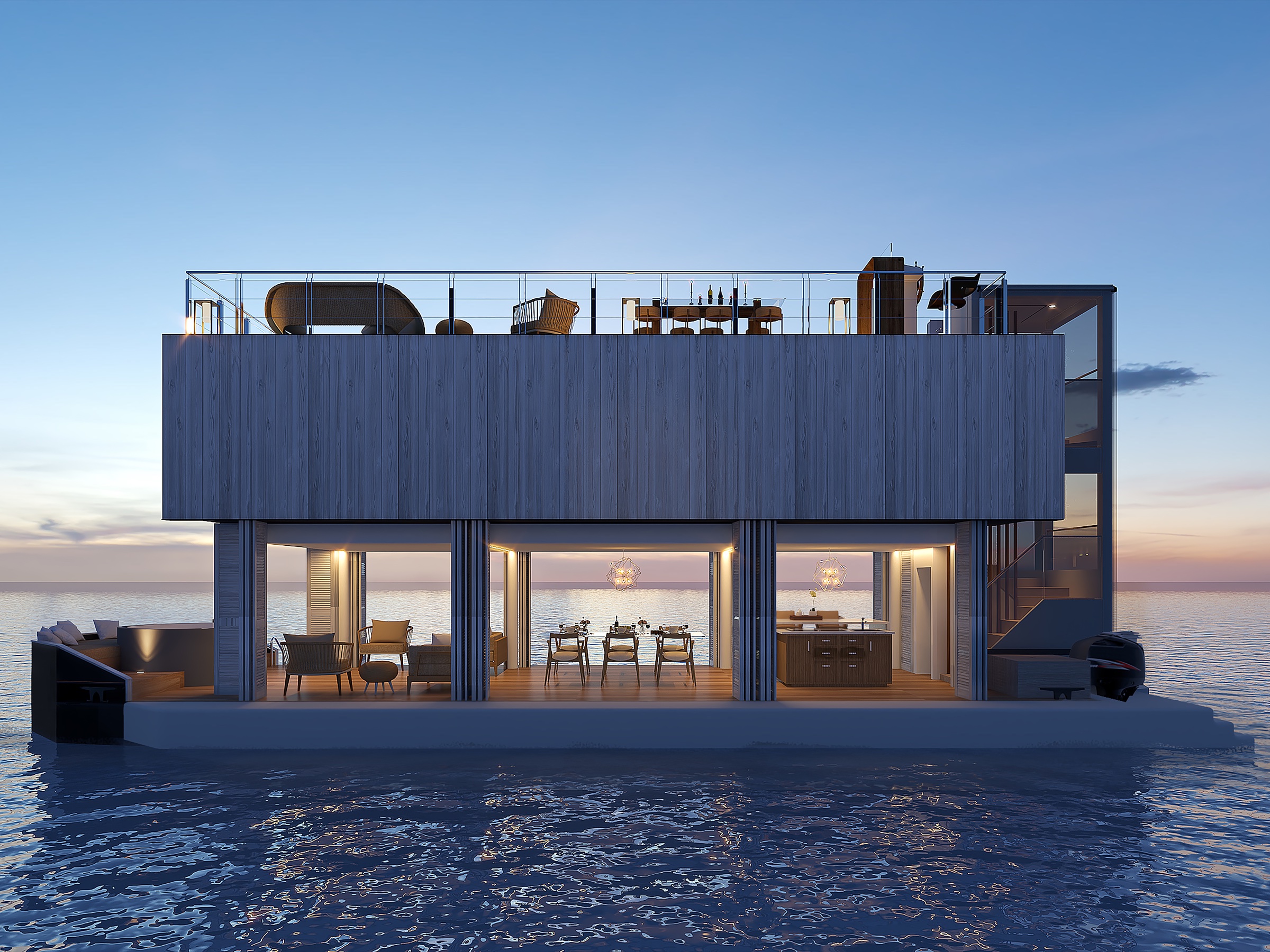 Broadside view of the original Nautilus Water Suite concept on its enclosed modular steel hull