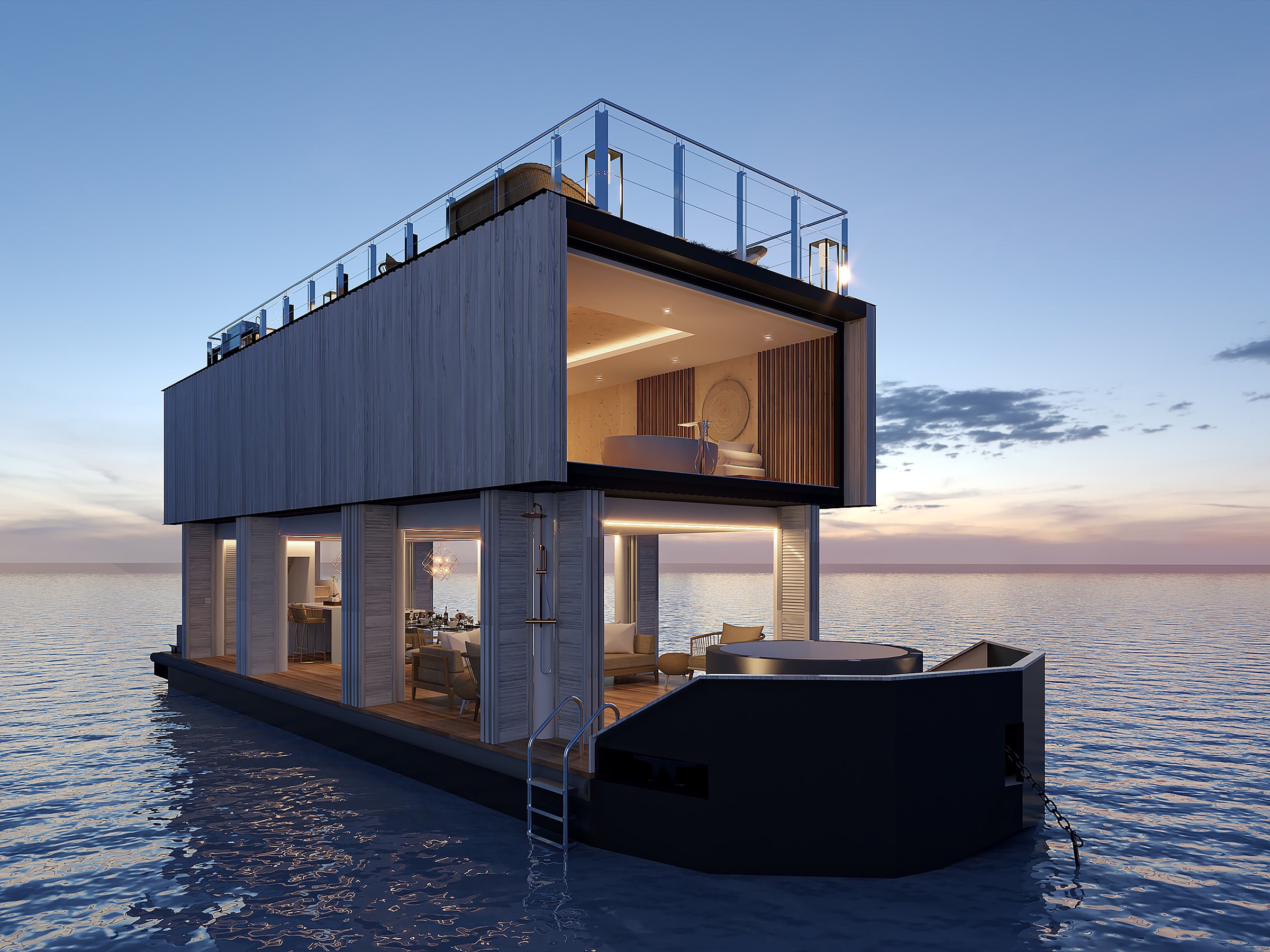 Original Nautilus Water Suite concept on the enclosed modular steel hull at sunset