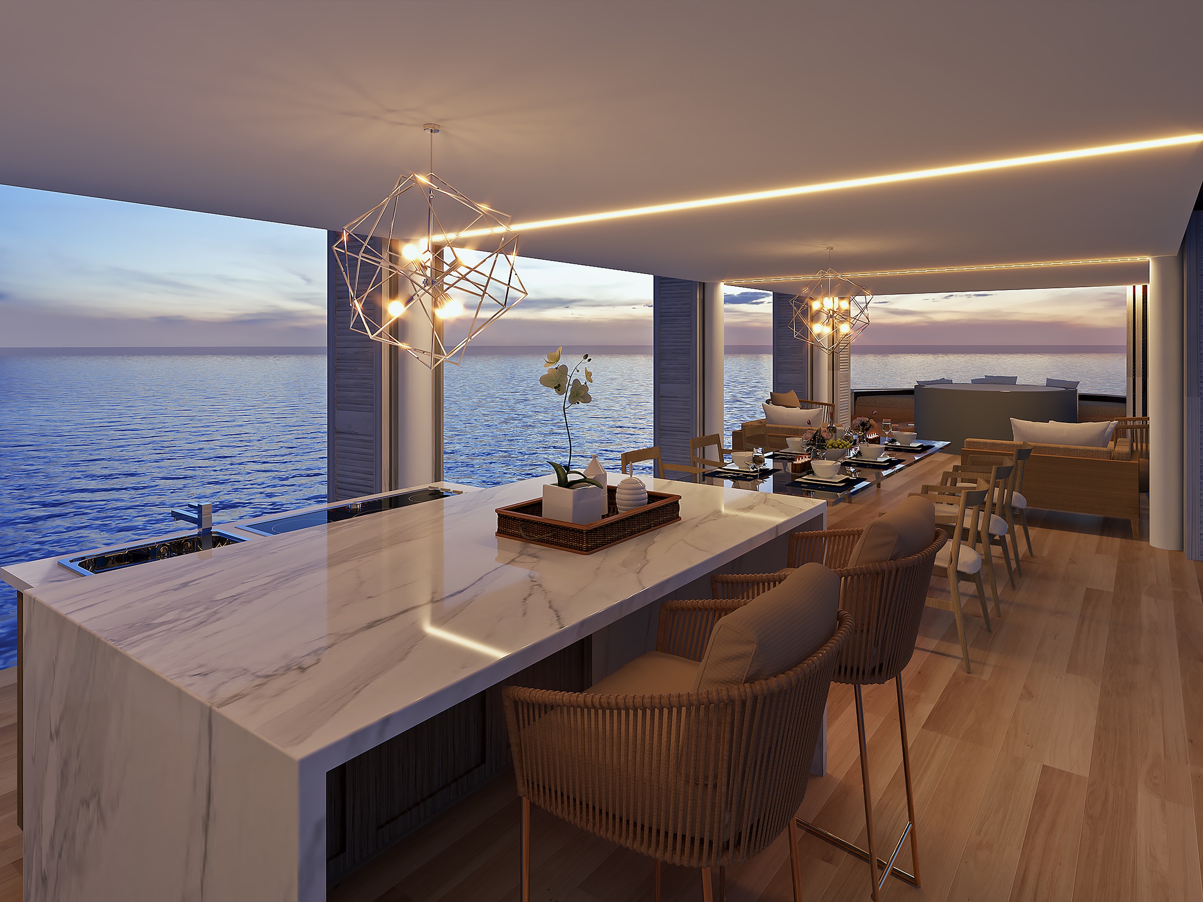 Kitchen and open living interior in the original Nautilus Water Suite concept