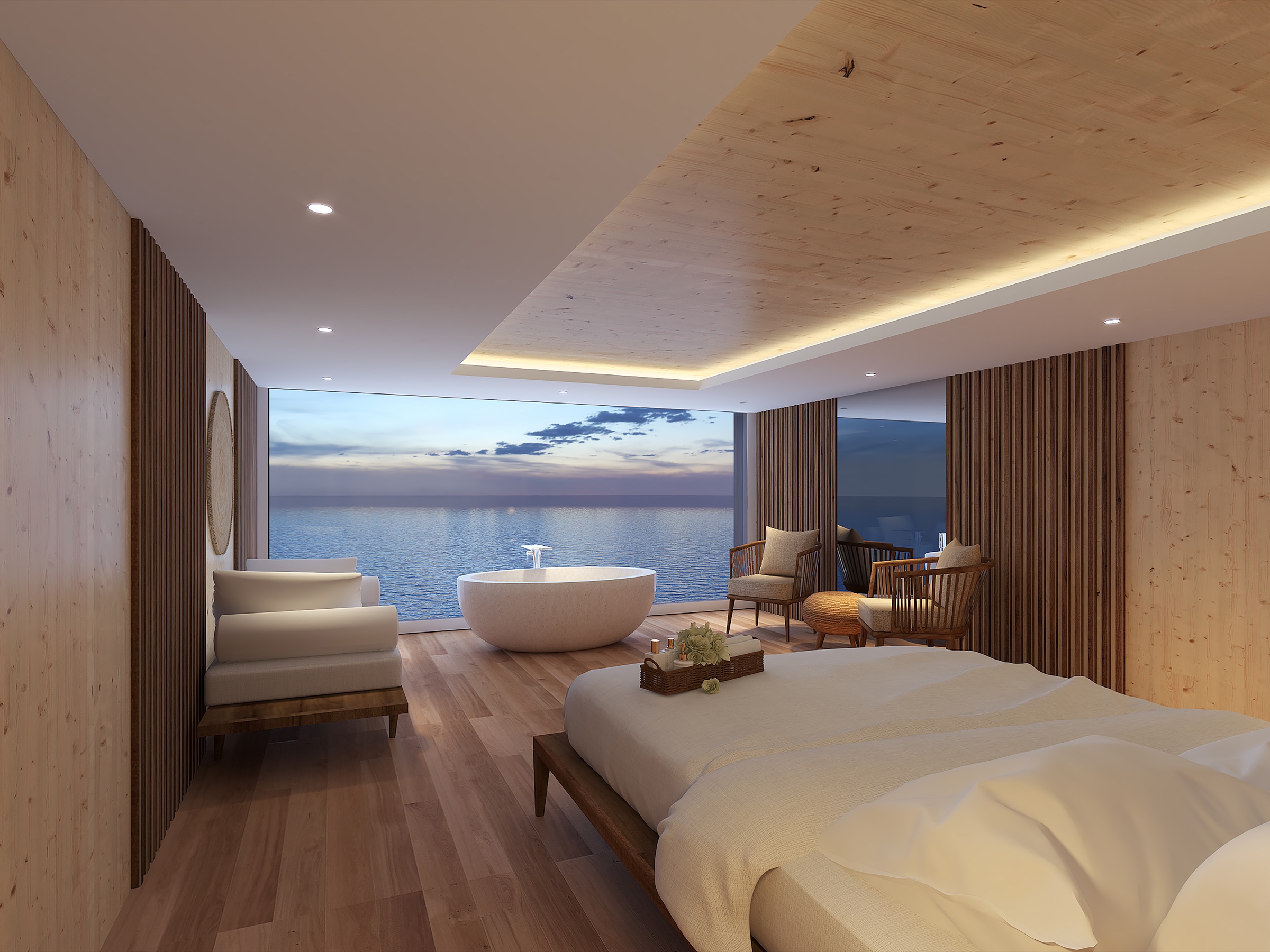 Bedroom and bathroom interior in the original Nautilus Water Suite concept