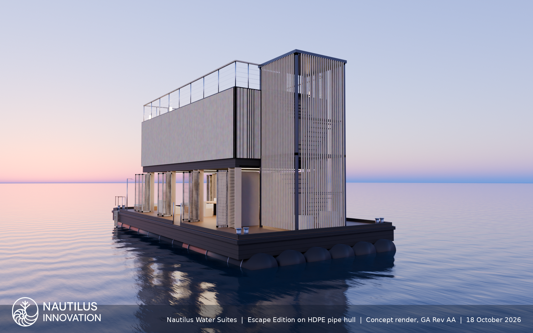 Original stern-quarter hull render of the Escape Edition Water Suite